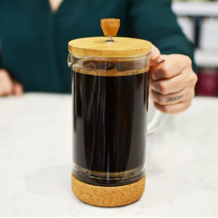 Grosche-melbourne-cork-and-bamboo-french-press-with-coffee-on-marble-counter-top