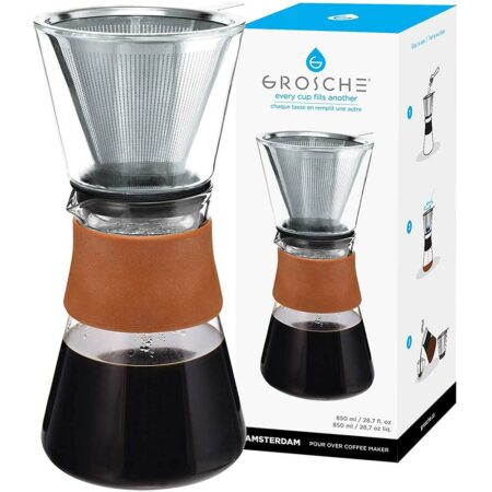 pour over coffee maker, pour over coffee with reusable filter, fine mesh stainless steel coffee filter, coffee carafe pour over set, pour over manual coffee brewer glass, GROSCHE Amsterdam