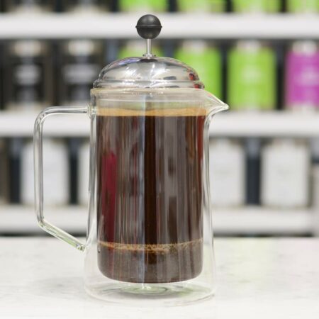 Grosche-Stanford-Double-walled-glass-french-press-with-brewed-coffee