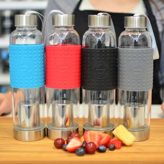 tea infuser bottle Grosche-Marino-travel-water-tea infuser bottle-4-colors-on-bamboo-counter-tea-infuser-travel