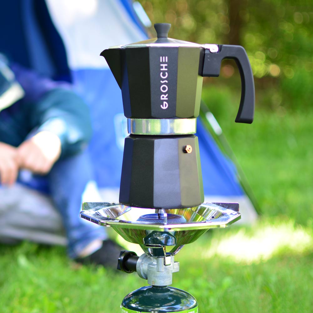 Grosche-Milano-camping-espresso-coffee-maker-brewing-coffee-on-camping-stove