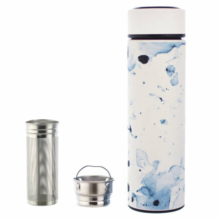 GROSCHE-Chicago-vacuum flask tea infuser bottle Stainless-Steel-double-walled-infuser-vacuum-bottles-425-ml-all-white-marble-GR-368---back-with-separated-infuser-700x700