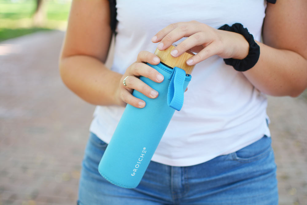 best glass water bottle with sleeve insulated blue bubbles GROSCHE wholesale
