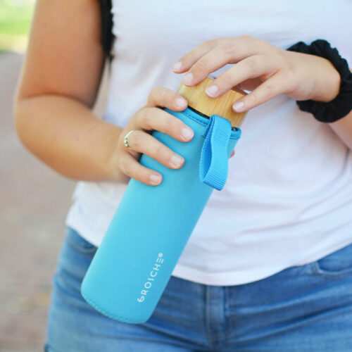 best glass water bottle with sleeve insulated blue bubbles GROSCHE wholesale