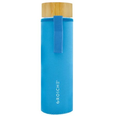 GROSCHE-Venice-borosilicate-glass-water-bottle-ith-bamboo-lid-Blue-water-color-GR-384-with- neoprene sleeve