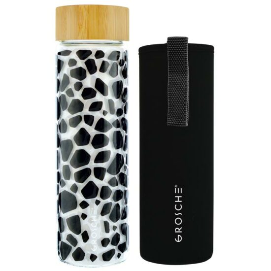 eco-friendly glass water bottle, durable glass bottle with bamboo lid, environmentally friendly materials, glass bottle with sleeve, GROSCHE Venice travel bottle giraffe design