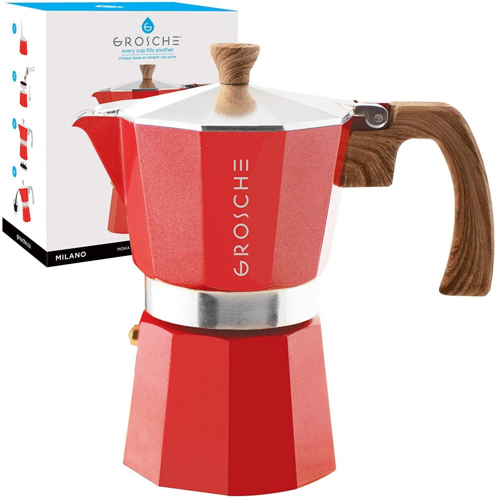GROSCHE Milano Stovetop Espresso Maker Moka Pot 3 Cup - 5oz, Red - Cuban Coffee Maker Stove top coffee maker Moka Italian espresso greca coffee maker brewer percolator