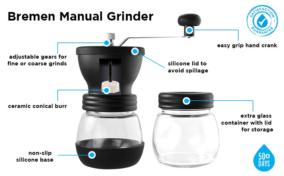 manual grinder for whole bean coffee, manual grind for coarse or fine coffee grinds, freshly ground coffee, coffee grinder for camping, GROSCHE Bremen