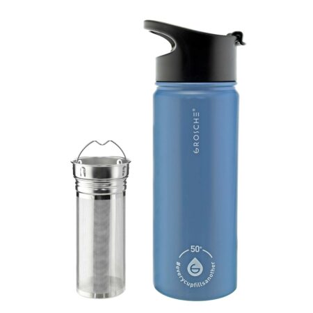 grosche chicago steel tea infusion flask slate blue, infuser for tea and fruit, stainless steel water bottle tea infuser bottle, tea flask, fruit infuser water bottle