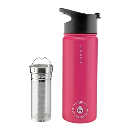 grosche chicago steel tea infusion flask fuchsia pink, infuser for tea and fruit, stainless steel water bottle tea infuser bottle, tea flask, fruit infuser water bottle