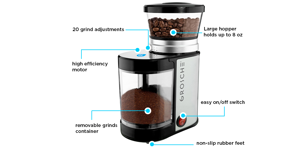 grosche bremen burr coffee grinder, budget burr grinder, electrical burr grinder. cheap burr coffee grinder, canada