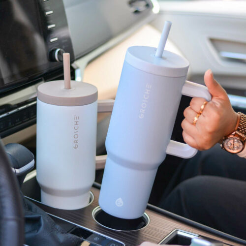 ASPEN Blue Insulated Tumbler with Straw in Cup holder, GROSCHE ASPEN, 40oz tumbler, tumbler with lid and straw, 40 oz tumbler with handle and straw, tumbler in car cupholder , 40oz tumbler with handle
